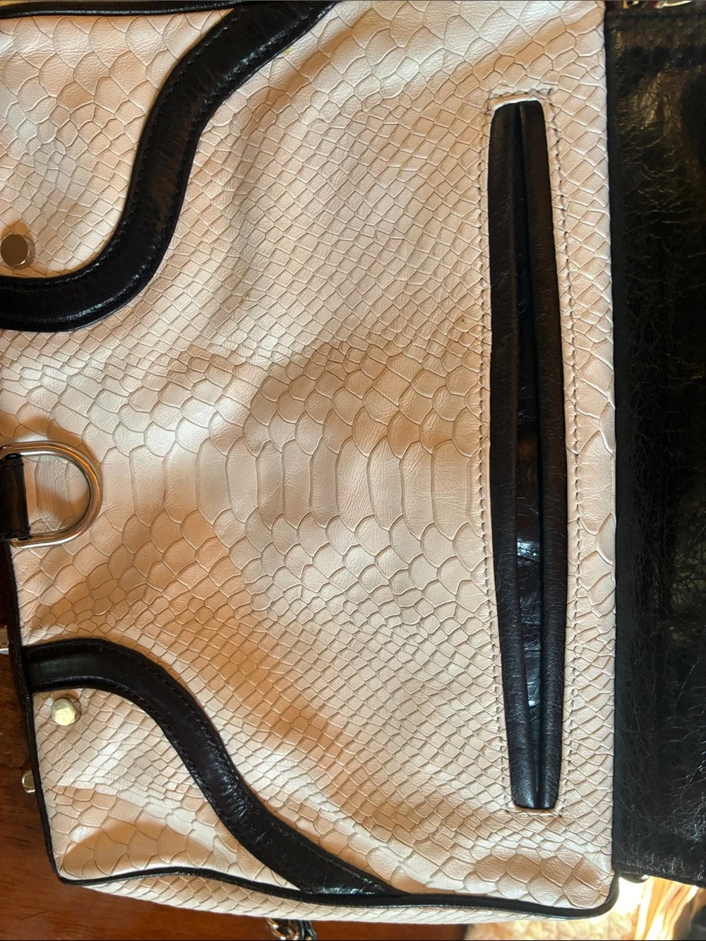 Rebecca Minkoff Cream and Black Faux Snakeskin Satchel with Gold Plaque